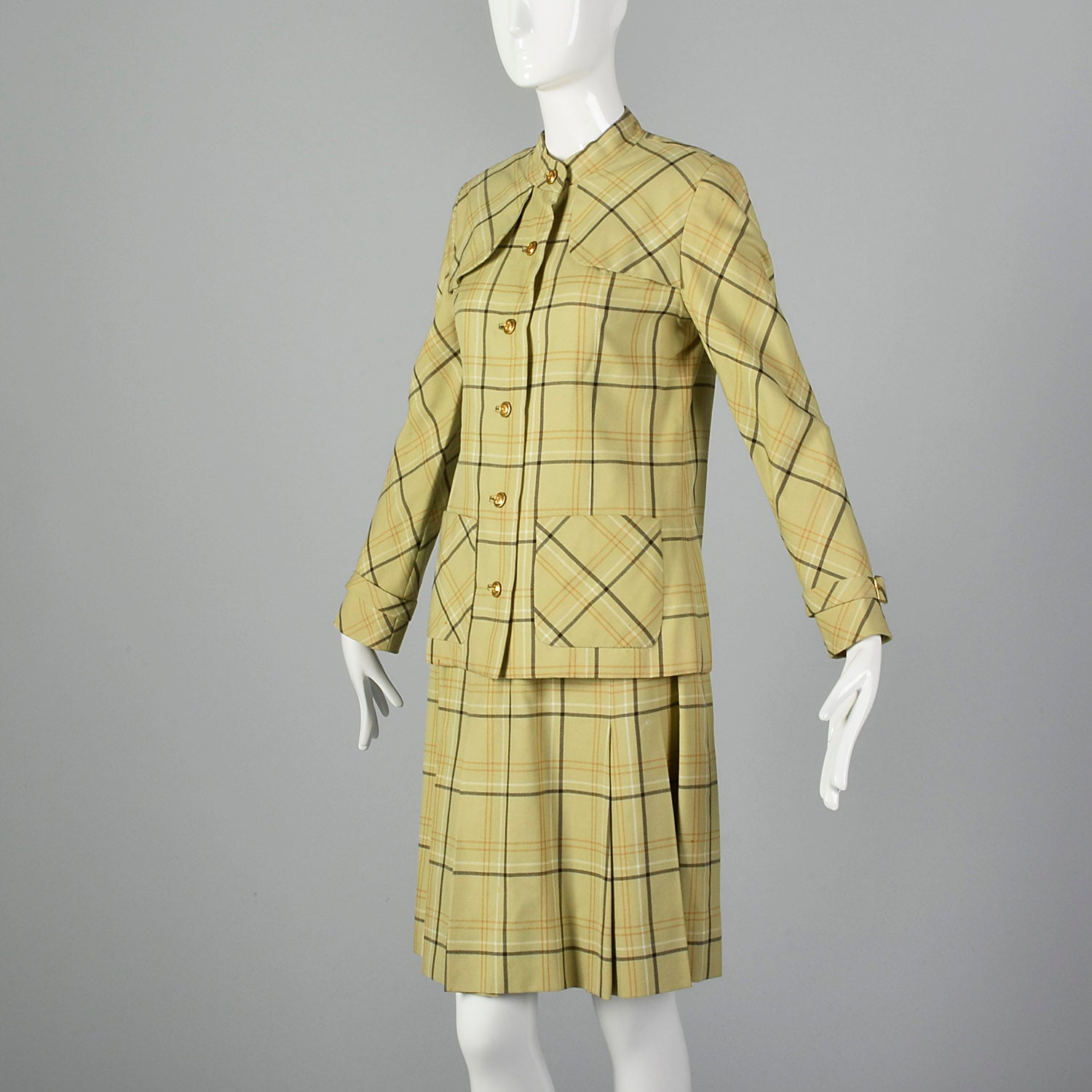 Small 1960s Joan Leslie by Kasper Light Green Plaid Skirt Set