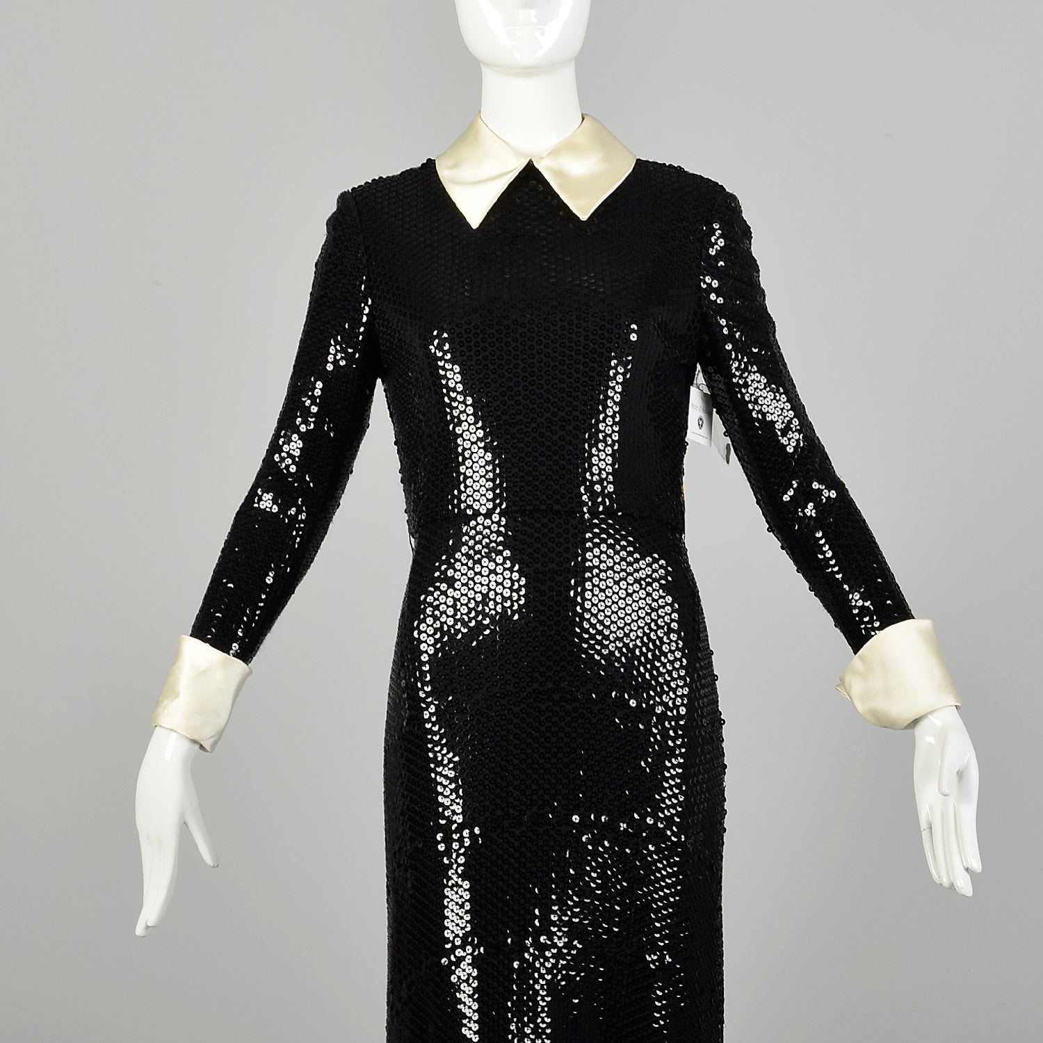 Small 1970s Kiki Hart Dress Disco Black Sequin Maxi Long Sleeve Evening Gown
