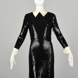 Small 1970s Kiki Hart Dress Disco Black Sequin Maxi Long Sleeve Evening Gown