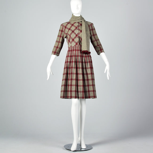 1950s Gray and Burgundy Wool Dress with Matching Scarf