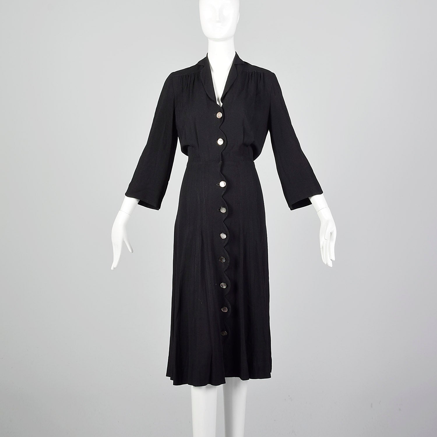 1940s Scalloped Black Rayon Dress