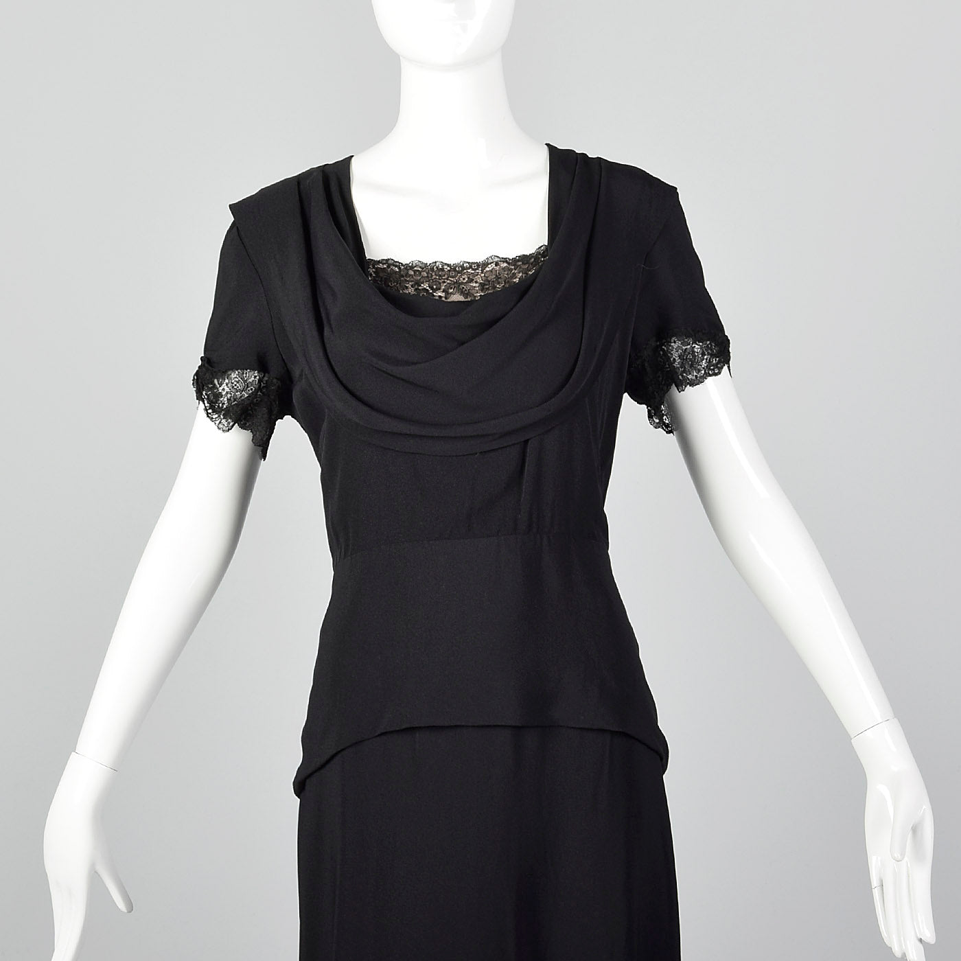 1940s Black Peplum Dress with Lace Collar and Cuffs