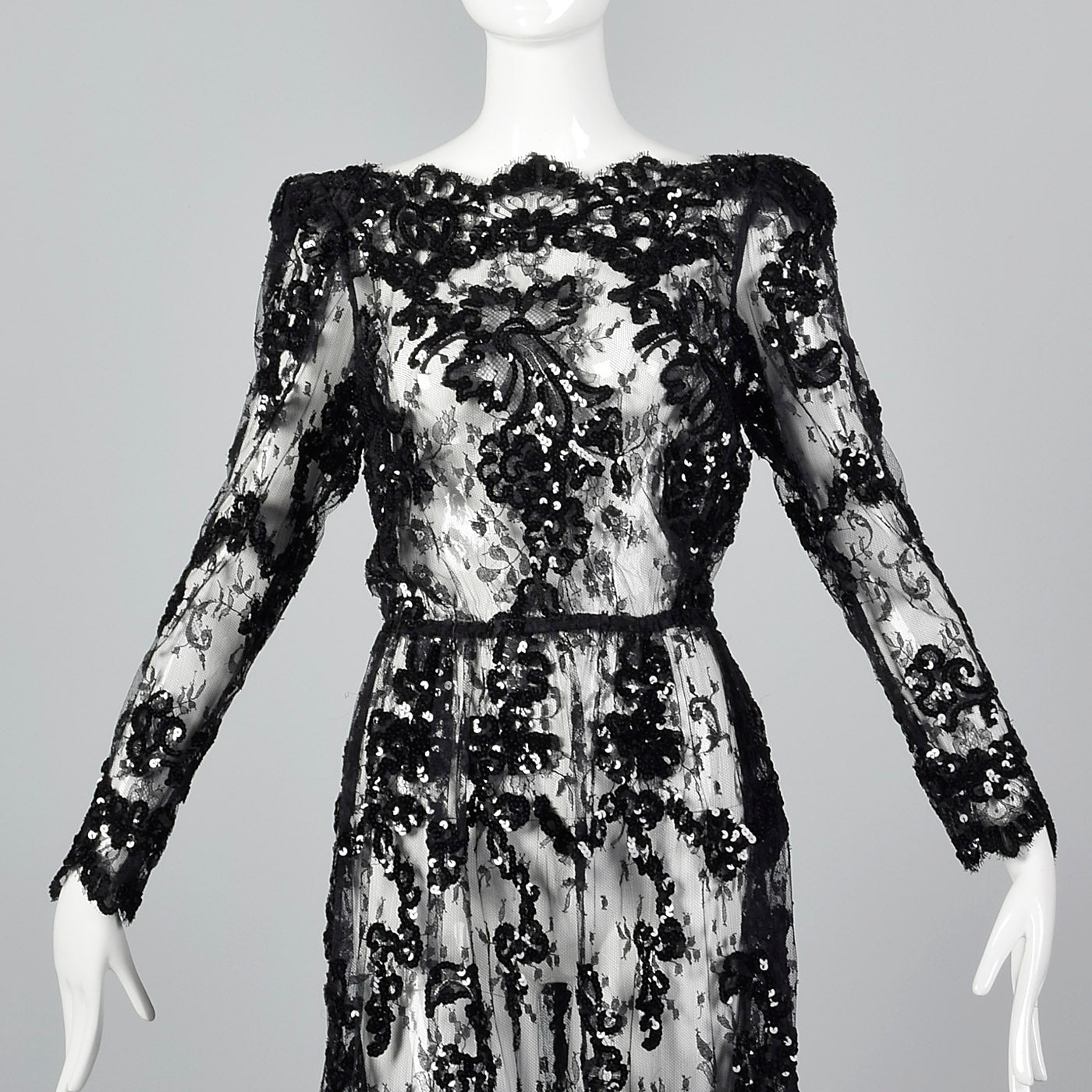 1980s Sheer Black Lace Dress with Sequins & Scalloped Hem