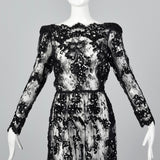 1980s Sheer Black Lace Dress with Sequins & Scalloped Hem