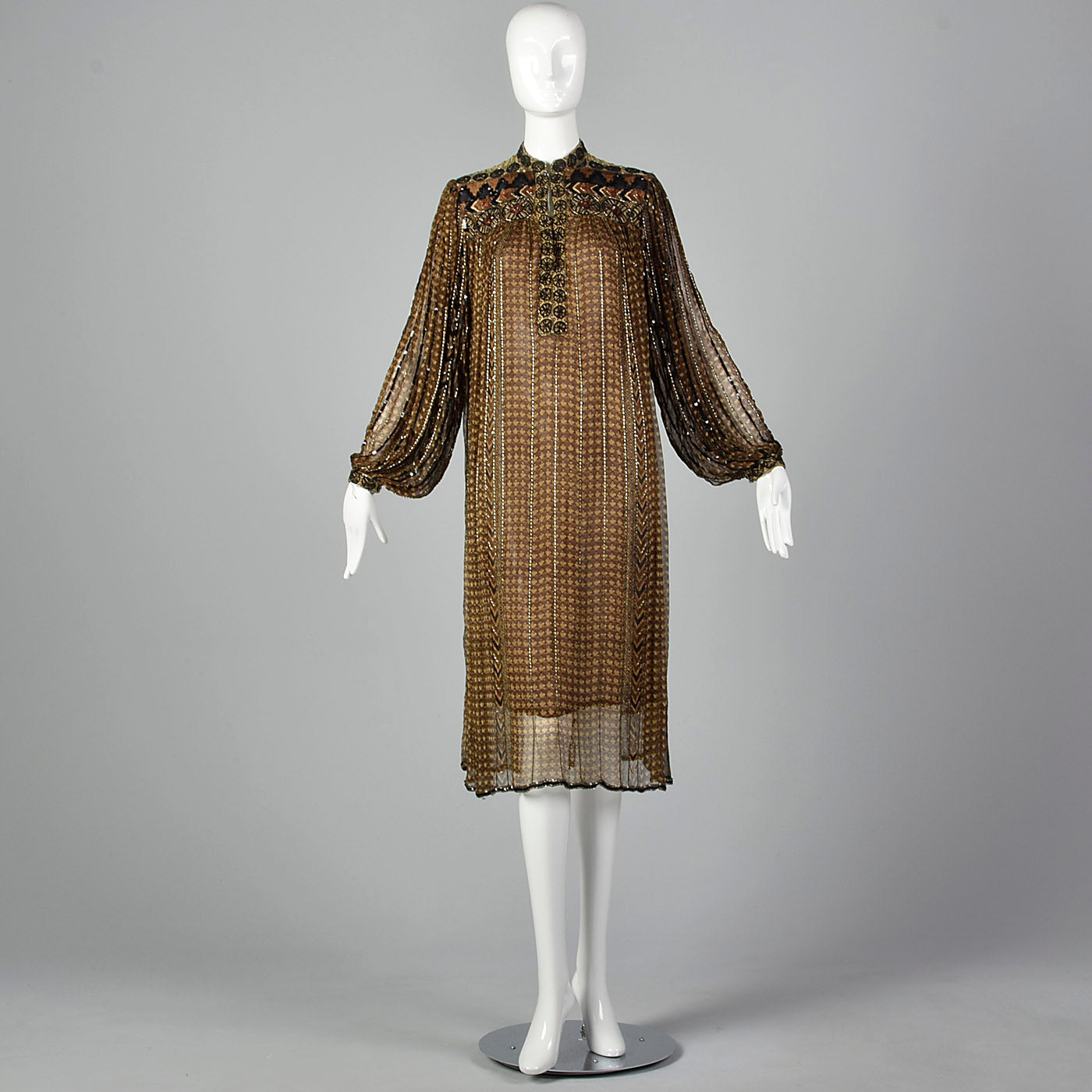 Medium 1970s Judith Ann Creations Brown Silk Beaded Dress