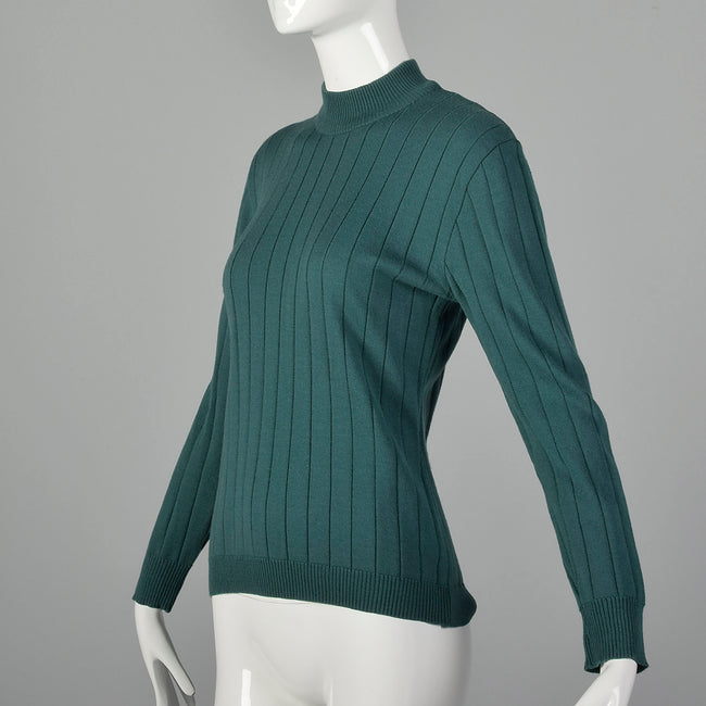 XS Burberry 1970s Green Sweater Lightweight Wool Mock Neck Ribbed Knit