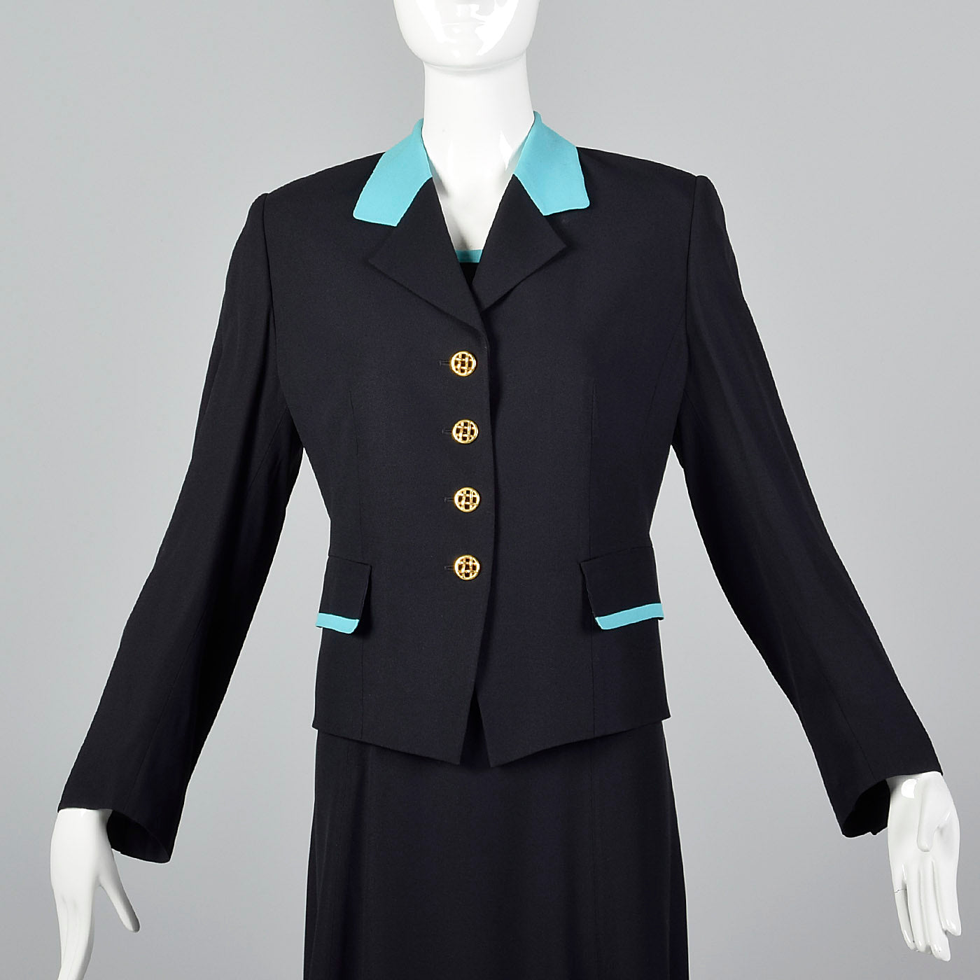 1980s Louis Feraud Navy Dress Set with Aqua Trim