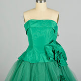 XS 1950s Kelly Green Tulle Prom Dress Strapless Taffeta Peplum Bodice Rose Embellishments