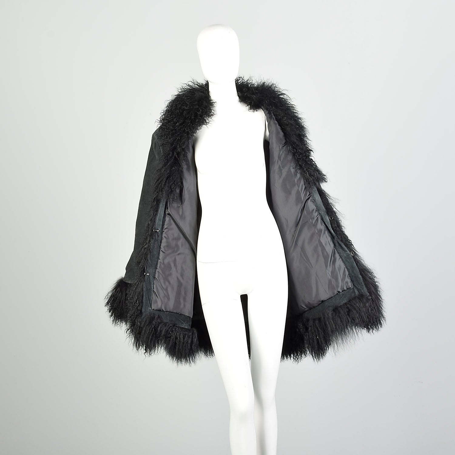 XL 1990s Fur Trimmed Winter Jacket Mongolian Lamb Black Suede Leather Car Coat