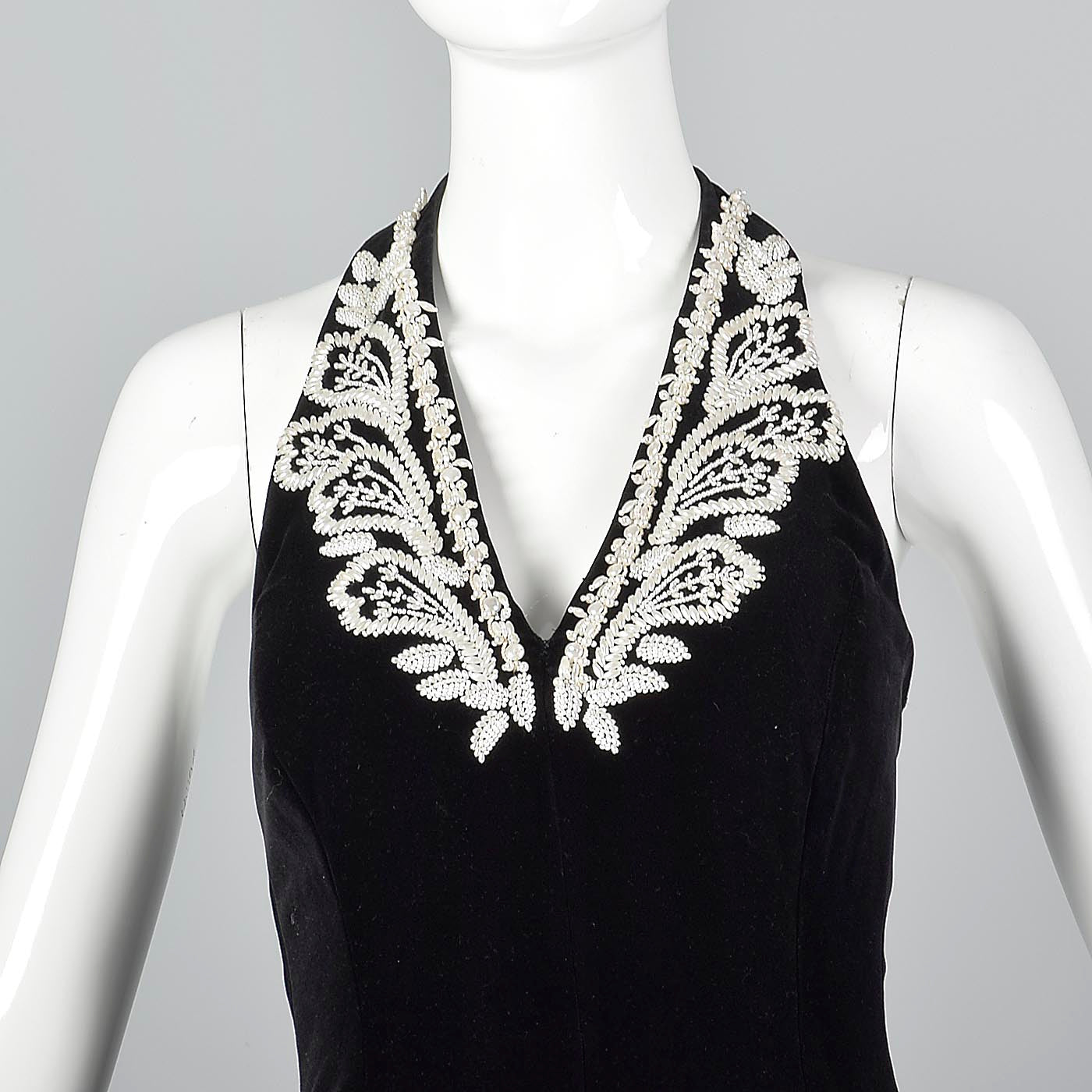 1980s Escada Black Velvet Dress with Faux Pearl Trim