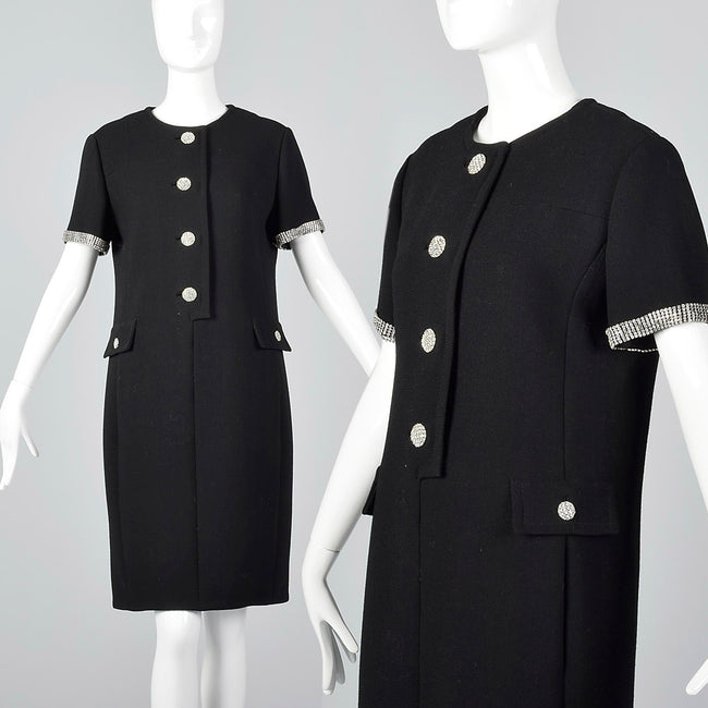 1960s Black Wool Dress with Rhinestone Trim