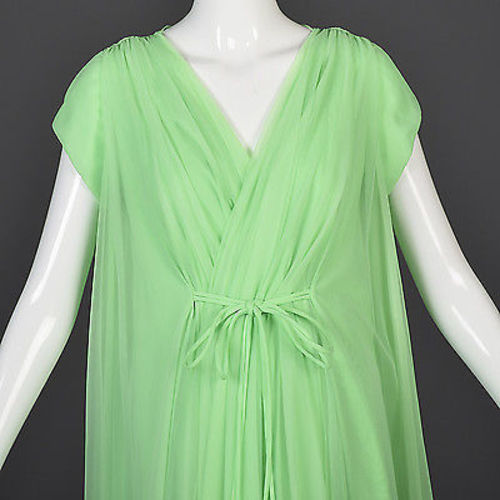 1960s Claire Sandra Lucie Ann Beverly Hills Green Chiffon Nightgown & Peignoir Set with Pom Poms