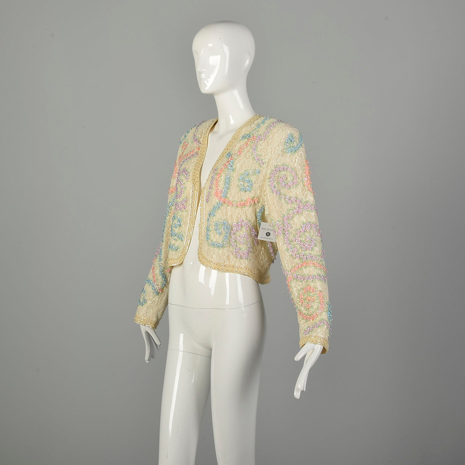 Medium 1980s Diane Freis Beaded Lace Jacket Spring Pastel Bolero