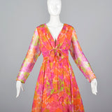 1970s Pink Floral Long Sleeve Maxi Dress