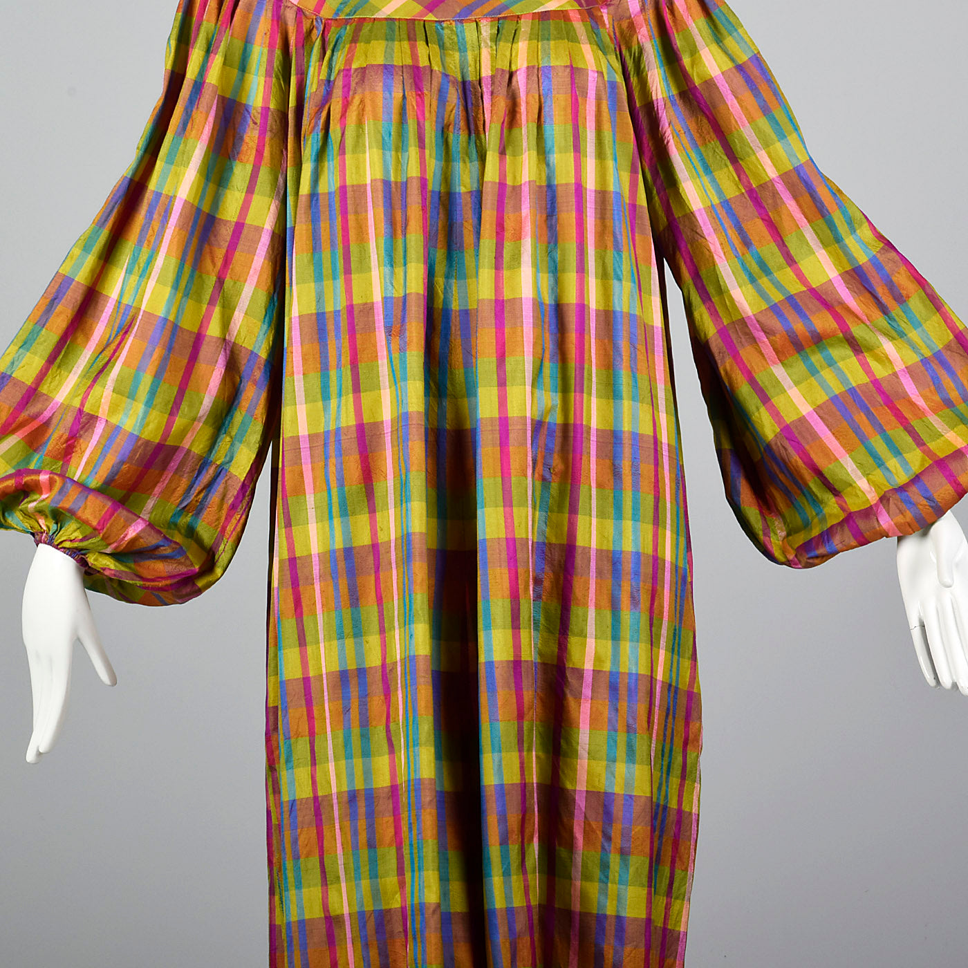 1970s Lanvin Lightweight Silk Dress in Rainbow Plaid with Huge Balloon Sleeves