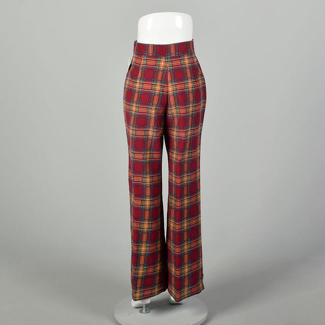 Small 1970s Flannel Bell Bottom Pants Plaid Wide Leg Jeans