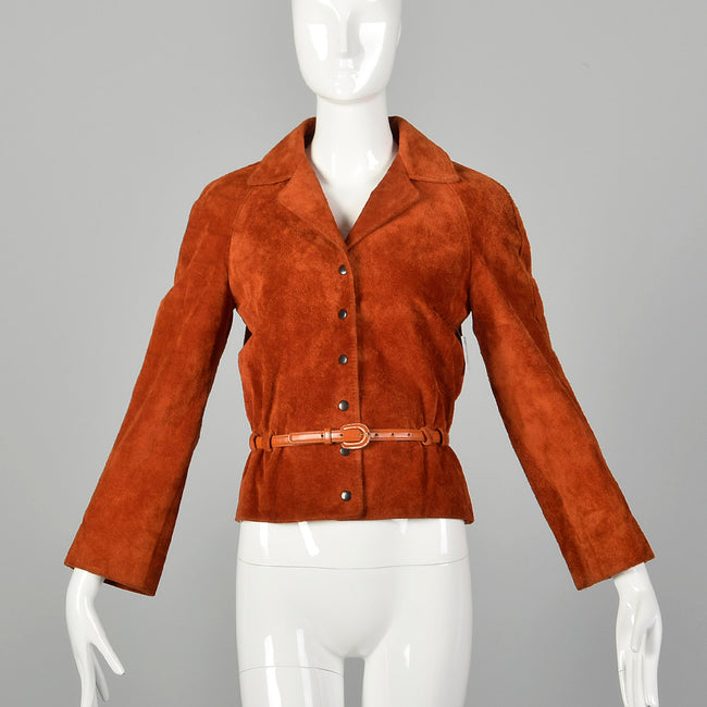 Small 1970s Anne Klein Rust Suede LeatherJacket Boho Autumn Outerwear with Snap Front