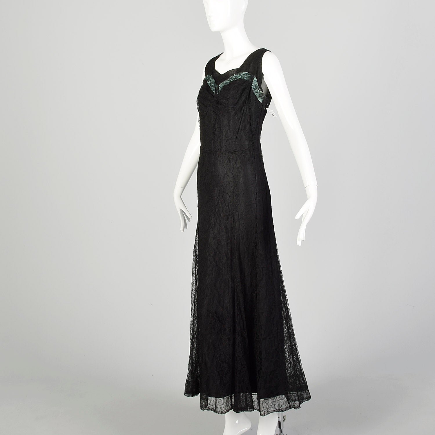 XL 1930s Dress Black Vintage Lace Maxi Sleeveless