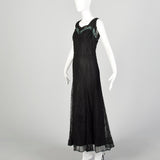 XL 1930s Dress Black Vintage Lace Maxi Sleeveless