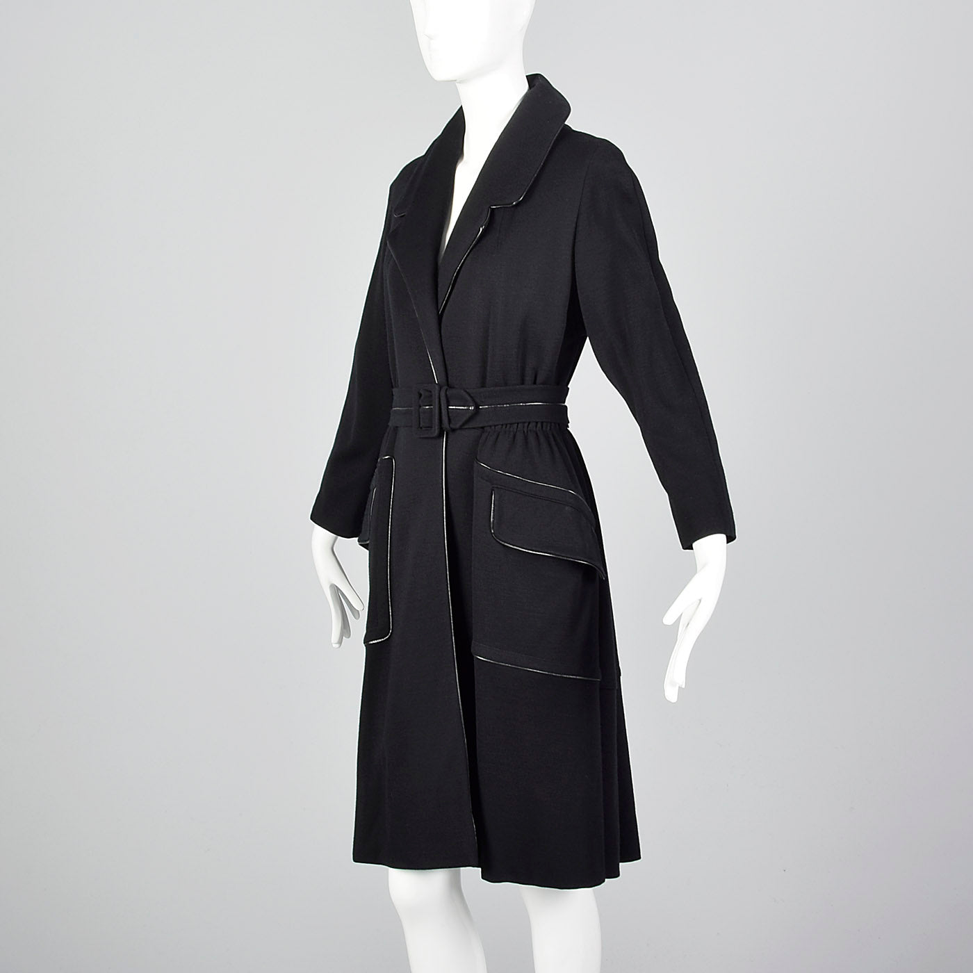 1950s Black Knit Trench Coat with Red Lining