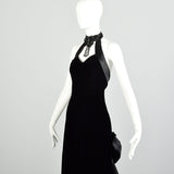 Small 1980s Black Velvet Mermaid Train Backless Formal Evening Gown Prom Dress