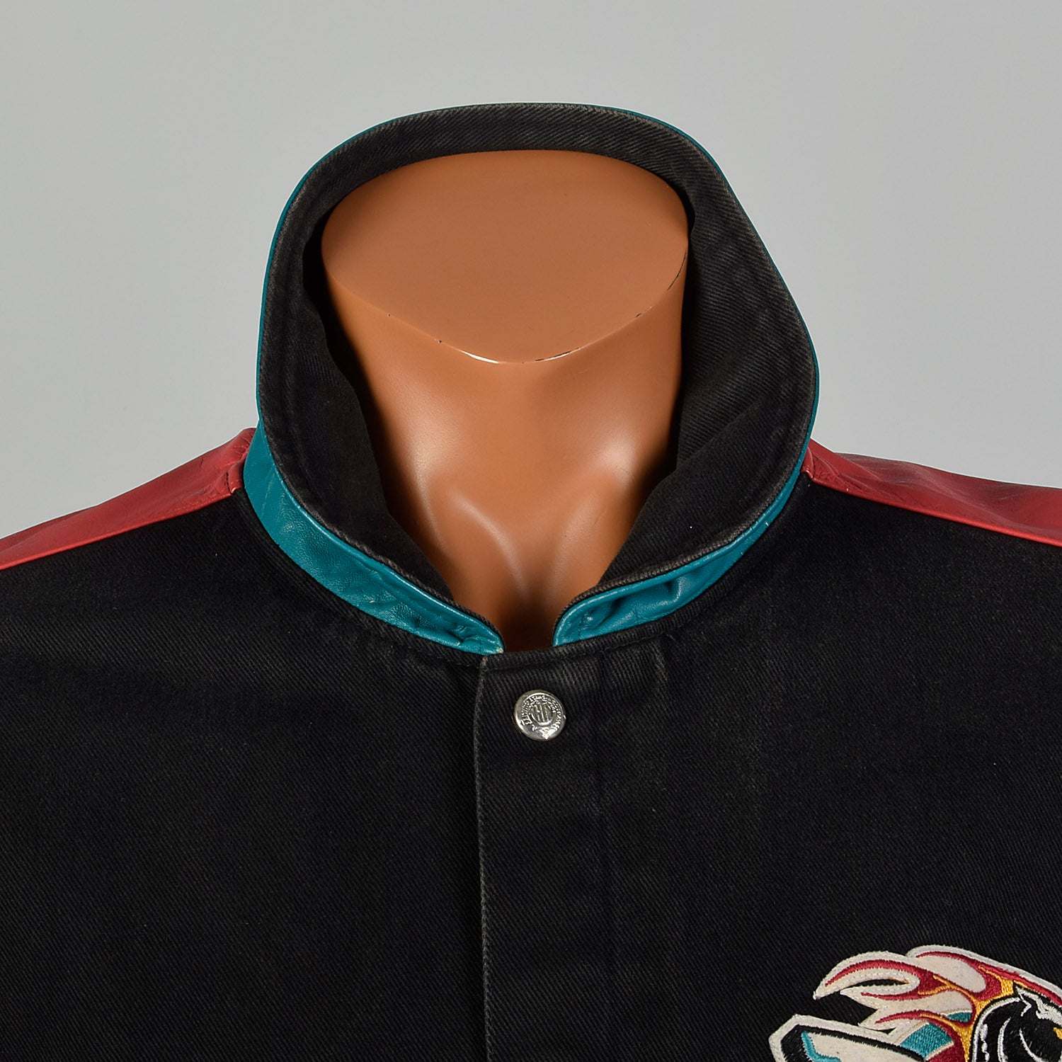 Large Jeff Hamilton 1990s Black Denim and Leather Detroit Pistons Jacket