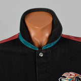 Large Jeff Hamilton 1990s Black Denim and Leather Detroit Pistons Jacket