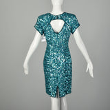 Small Sequin Cocktail Party Dress Teal Blue Short Sleeve Key Hole Bust