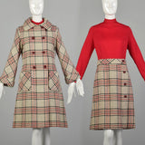 Medium 1960s Plaid Dress and Winter Coat Ensemble Long Sleeve Tweed Outfit