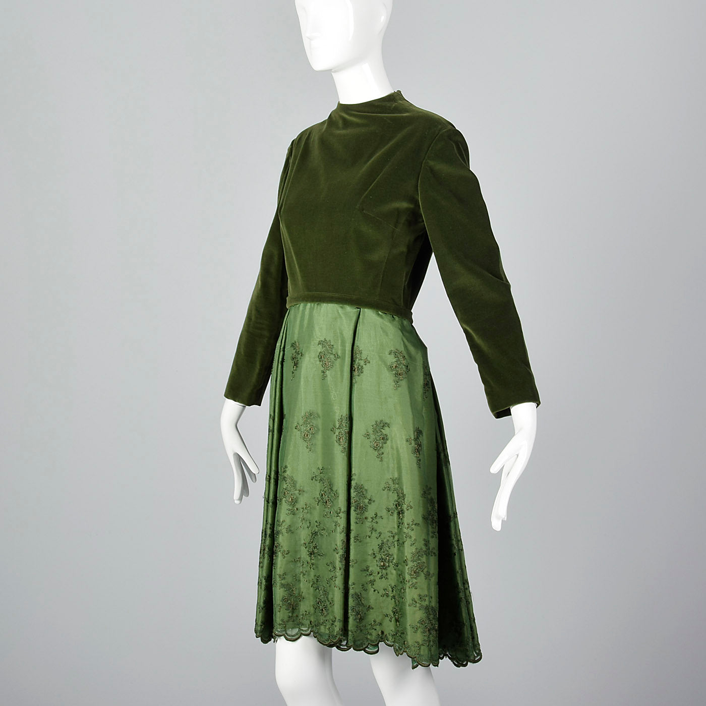 1960s Green Dress with Velvet Bodice