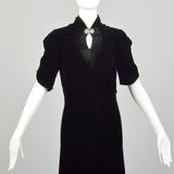 Small 1930s Dress Formal Black Silk Velvet Keyhole Neckline Evening Gown