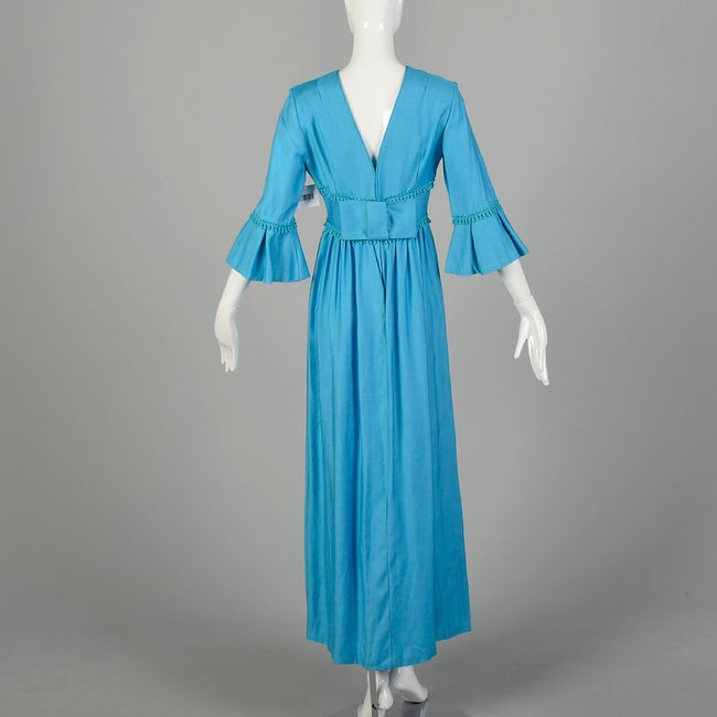 Small 1960s Dress Modest Casual Ruffle Sleeve Blue Maxi