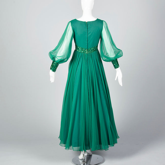 1970s Emerald Green Gown with Bishop Sleeves