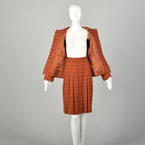 Large 1990s Givenchy Houndstooth Plaid Ensemble Orange Autumn Tweed Wool 2 Piece Skirt Suit