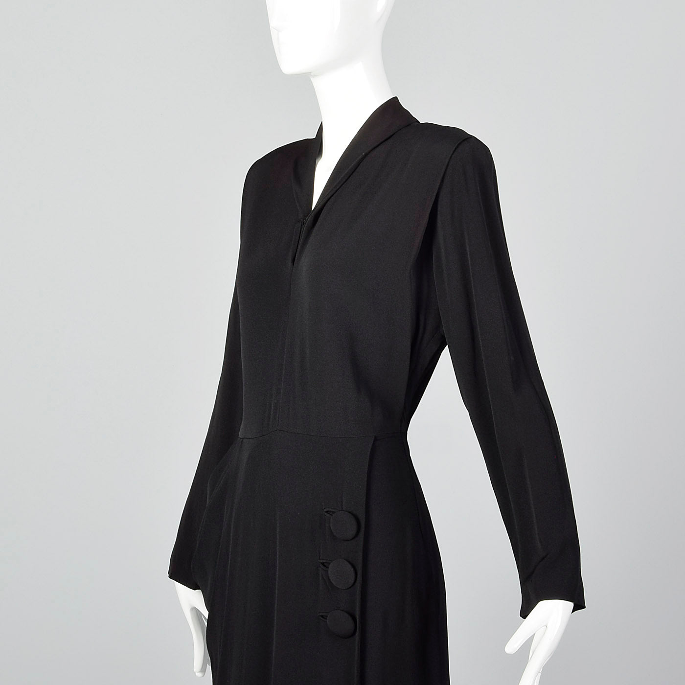 1940s Black Rayon Dress with Draped Hip Pocket