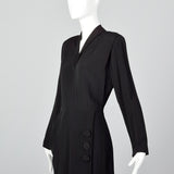 1940s Black Rayon Dress with Draped Hip Pocket