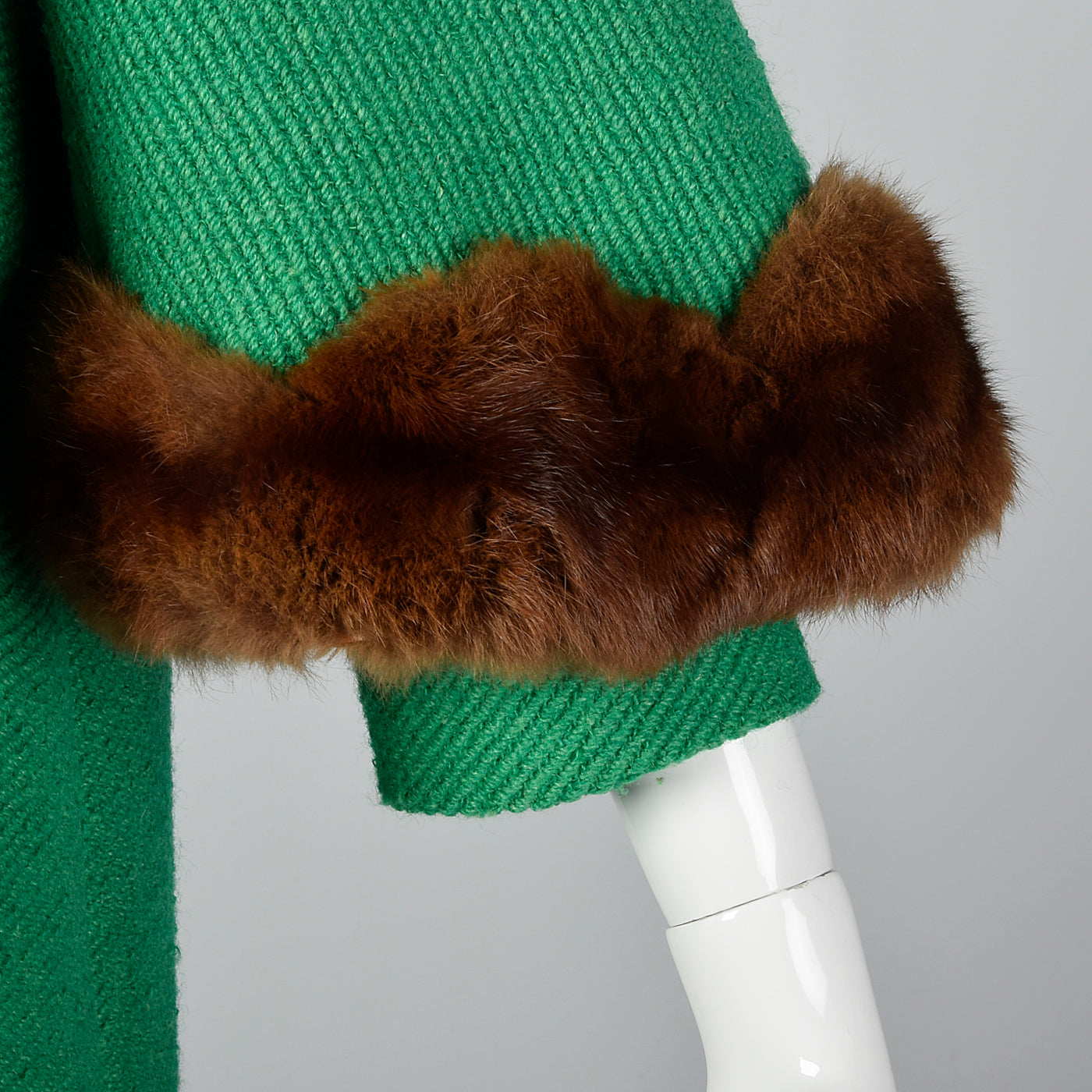 1960s Green Coat with Marmot Fur Trim & Dramatic Collar