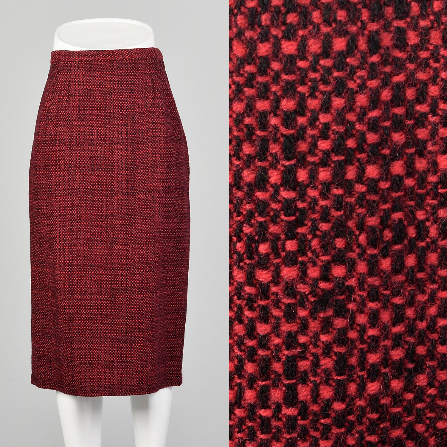 1960s Red & Black Wool Tweed Pencil Skirt