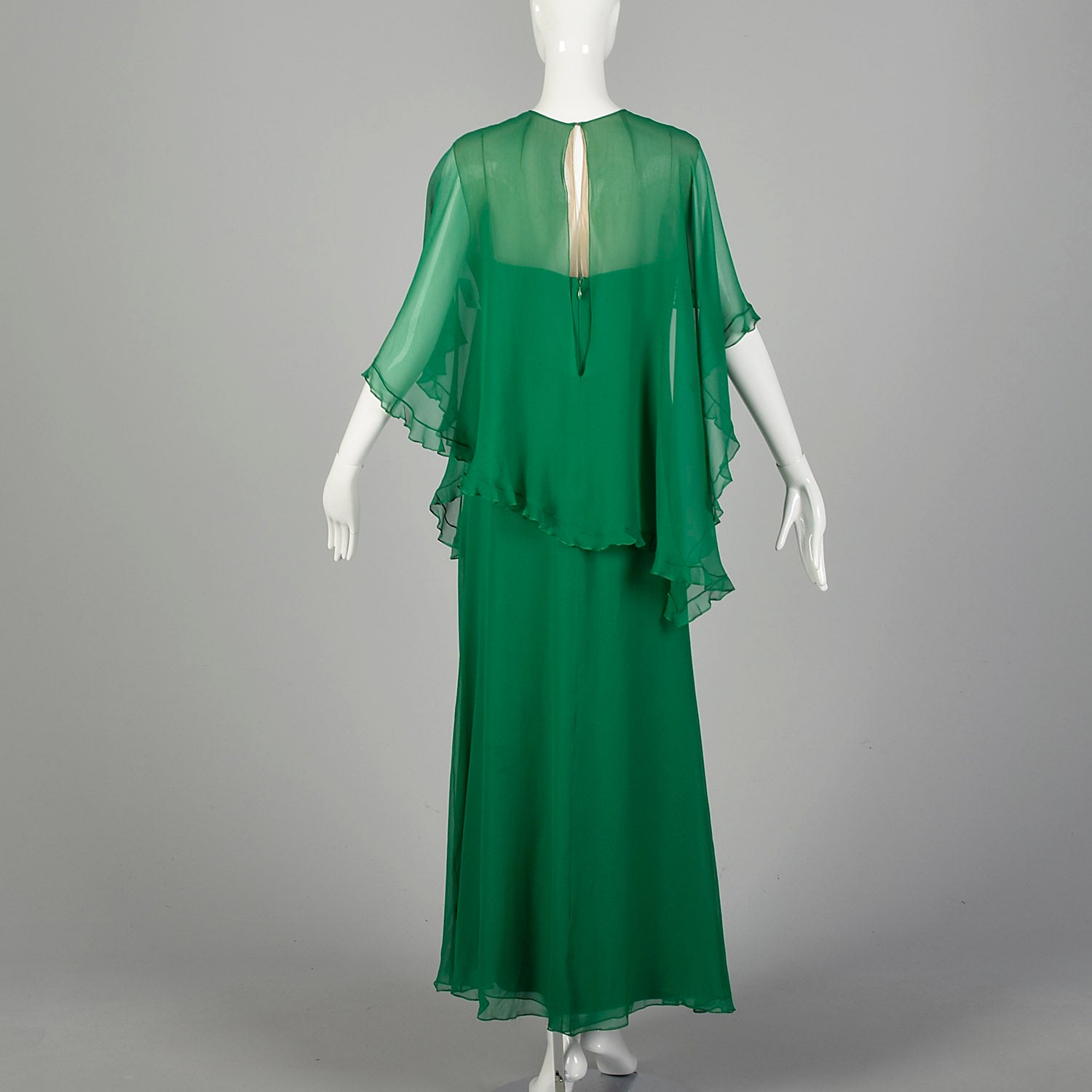Medium 1970s Mollie Parnis Green Evening Gown Formal Maxi Dress Cape