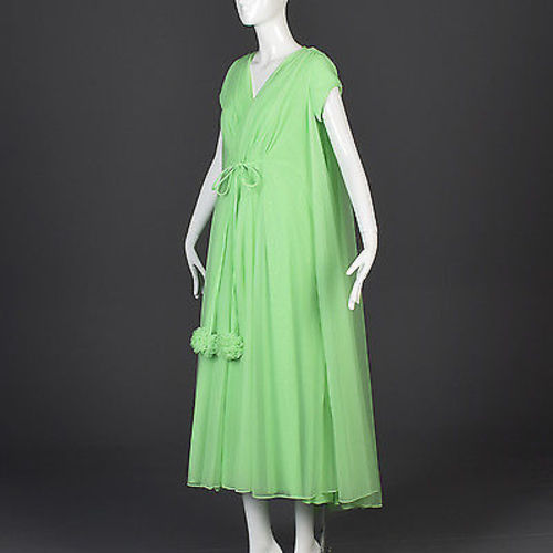 1960s Claire Sandra Lucie Ann Beverly Hills Green Chiffon Nightgown & Peignoir Set with Pom Poms