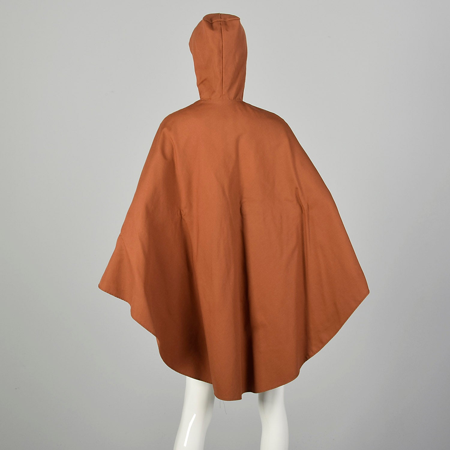 Small 1970s Brown Canvas Button Front Poncho Lightweight Unlined Hooded Cape