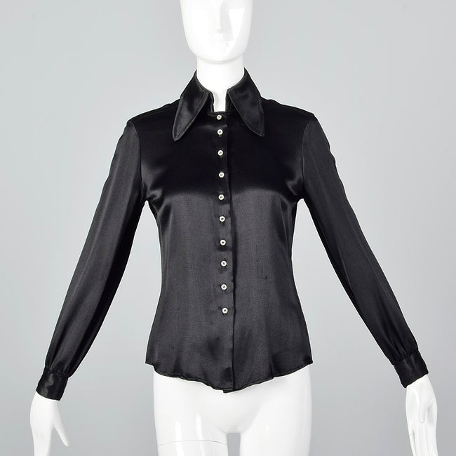 1970s Saks Fifth Avenue Black Satin Blouse