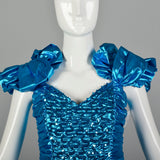 1980s Electric Blue Lame Prom Dress Full Length Formal Evening Gown Sequin Bodice