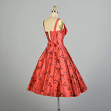 XS 1950s AS IS Red Fit & Flare Novelty Rose Print Shelf Bust Cocktail Dress