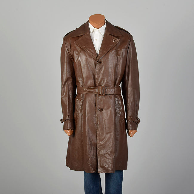 Medium-Large 1970s Brown Leather Trench