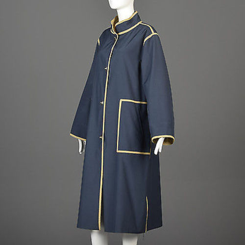 1970s Bonnie Cashin Navy Blue Overcoat with Tan Trim