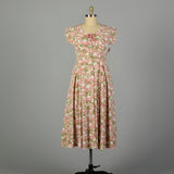 XL 1950s Day Dress Floral Cotton Pink Shirtwaist Lightweight Fit and Flare