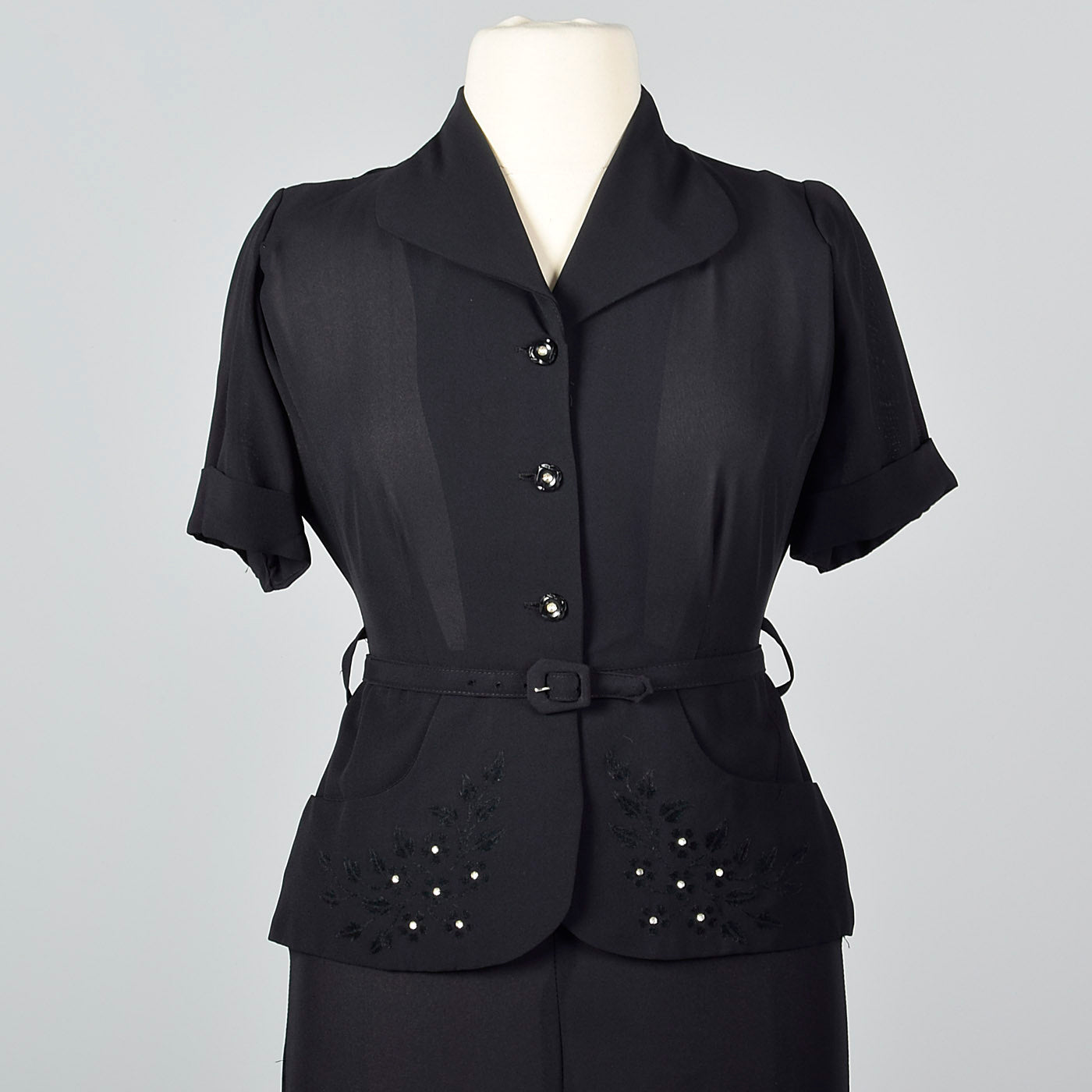 1950s Black Rayon Day Dress with Peplum Waist