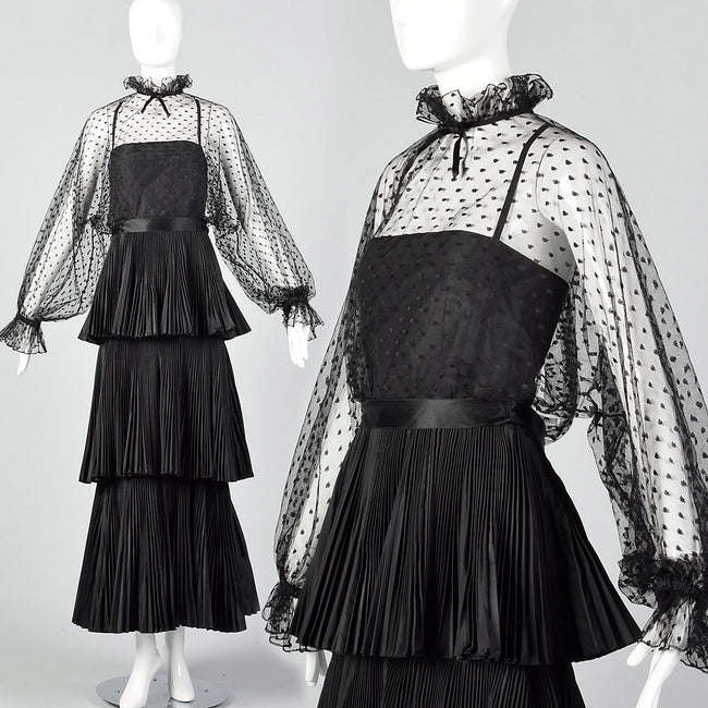 1970s Richilene Black Pleated Maxi Dress with Mesh Top