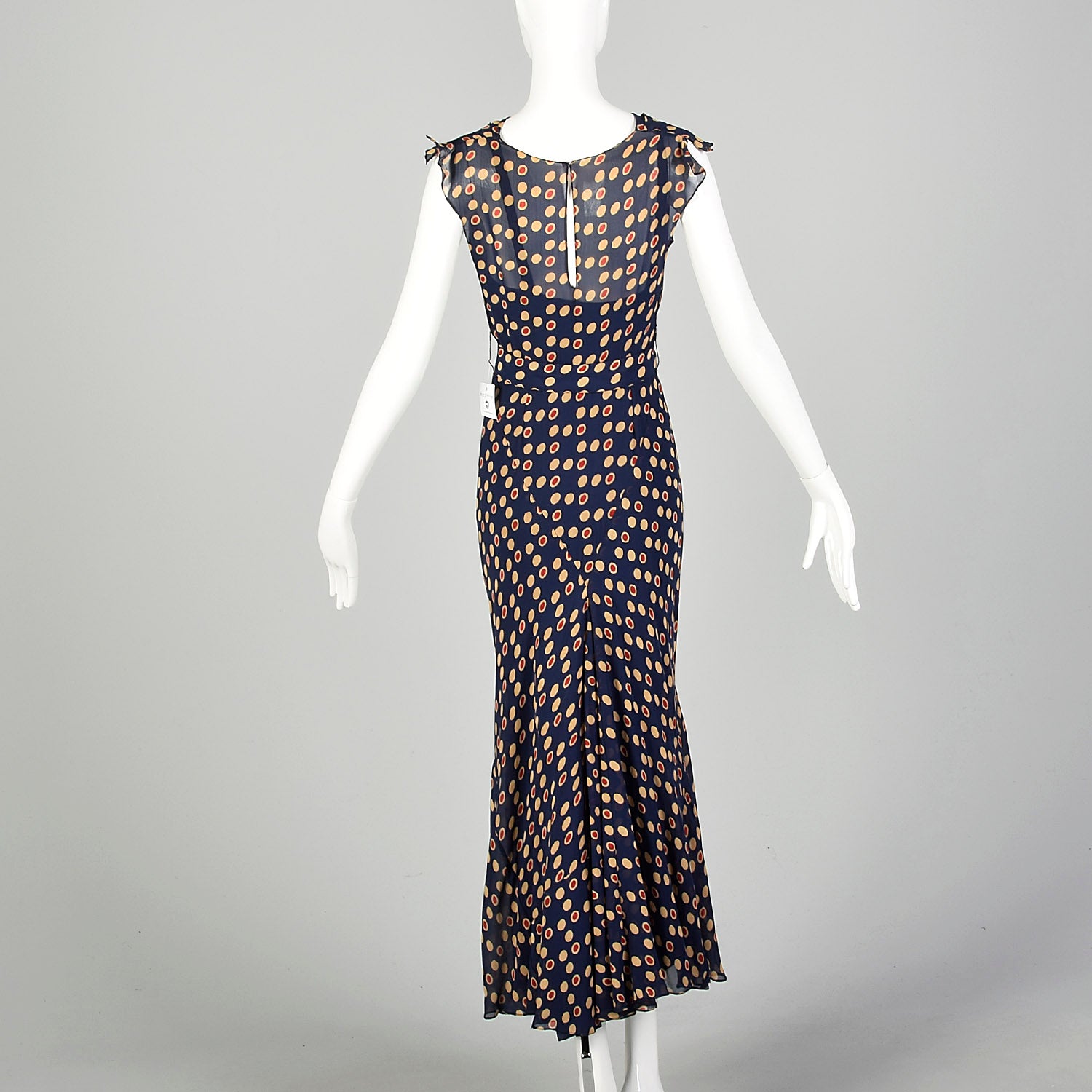 XXS 1930s Navy Blue Bias Cut Dress Sleeveless Polka Dot Print Style & Salvage XXS 1930s Navy Blue Bias Cut Dress Sleeveless Polka Dot Print Style & Salvage